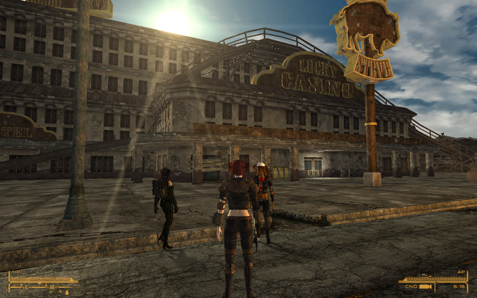 Fallout New Vegas with mods, screenshot of Bison Steve's in Primm, the main character and two companions